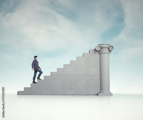 Man climbing the stairs towards a Roman column.