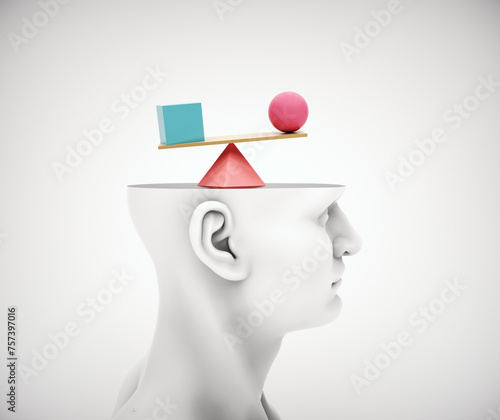Man with half head and geometric shapes in balance inside.