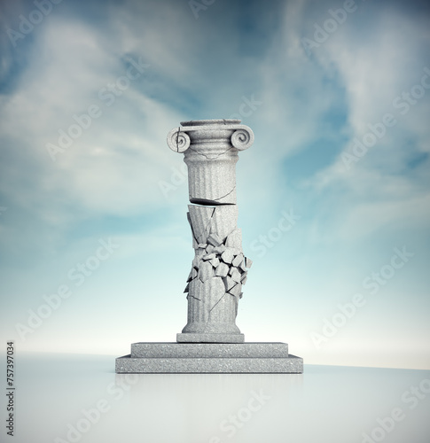 The broken Roman column suggesting failure or unsustainability.