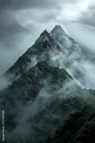 Ethereal mountain peaks shrouded in mist, suitable for nature themes and environmental conservation.