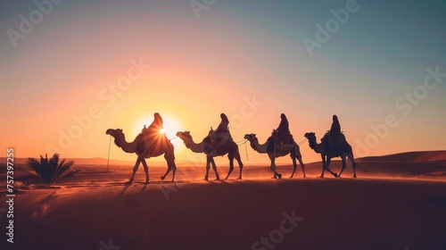 Silhouettes  people  riding camels in the desert  indigenous people  Tuareg  Arabic  African  Sahara  wildlife  tourist attractions  Dubai  Arabian tour  sunset