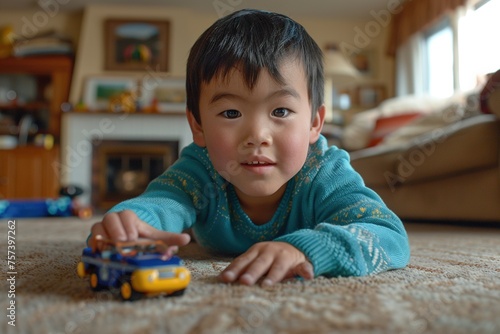 Asian boy lying on the living room floor playing with cart