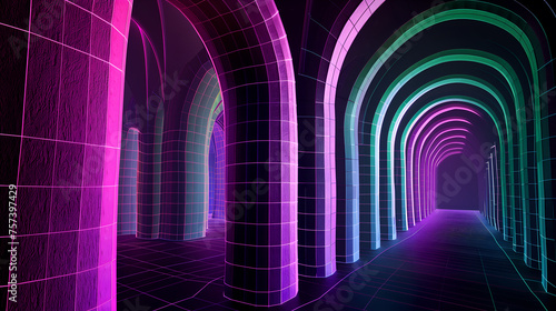 3d render of purple and green arches with grid pattern photo