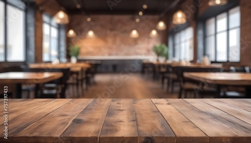 Lofty chill restaurant with wooden table and Depth of field , blurred background	
 photo