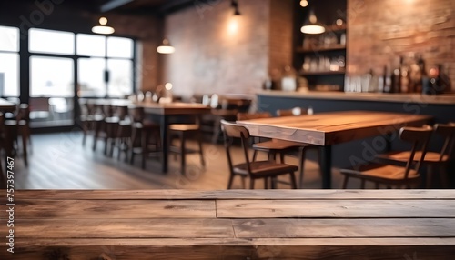 Lofty chill restaurant with wooden table and Depth of field   blurred background  