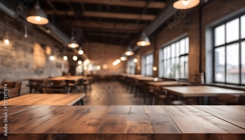Lofty chill restaurant with wooden table and Depth of field   blurred background  