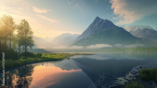 Peaceful sunrise over a foggy mountain lake, ideal for travel and tourism themes.