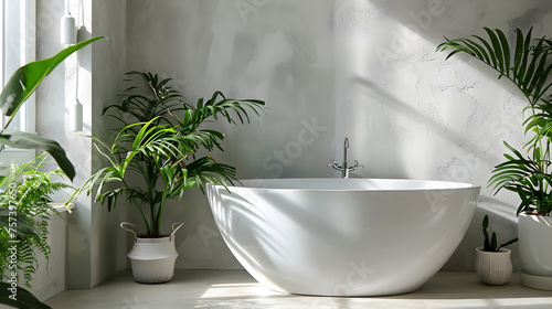 An inviting white bathroom highlighted by natural light  vibrant potted plants  and a stylish standalone bathtub