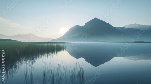 Serene lake with mountain reflection at sunrise, ideal for travel and nature themes.