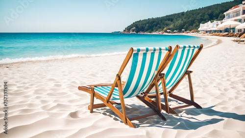 Beach chair on the white sand beach with turquoise water