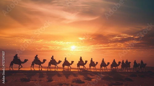 Silhouettes, people, riding camels in the desert, indigenous people, Tuareg, Arabic, African, Sahara, wildlife, tourist attractions, Dubai, Arabian tour, sunset © Ulee