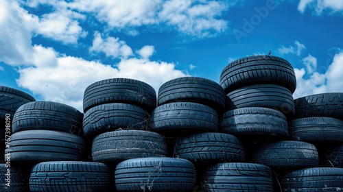 Used car tires concept against blue background in tire recycling plant.
