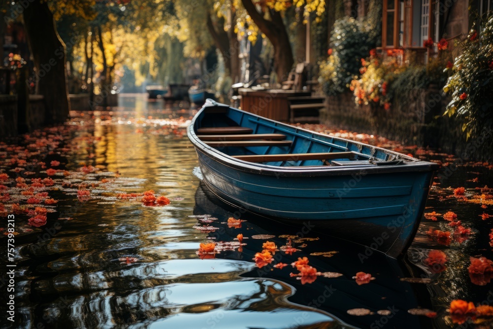 A watercraft is floating on a river amid lush trees and leaves