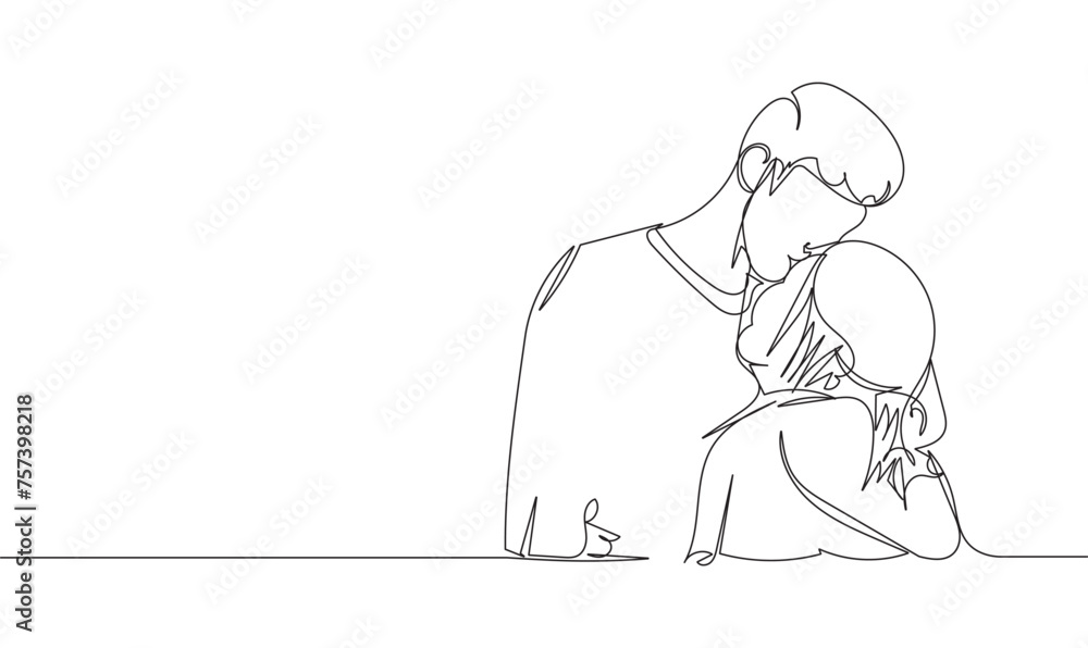 Continuous single line drawing of man and woman hug each other, line art style vector illustration Continuous single line drawing of man and woman hug each other, line art style vector illustration