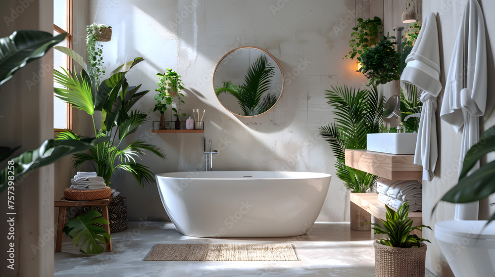 A warm, inviting bathroom with rustic wooden elements and a variety of lush plants adding life and color