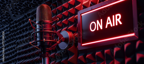 Closeup view of a concept for the interior design of a podcast, radio or television studio with microphone and  "ON AIR" sign