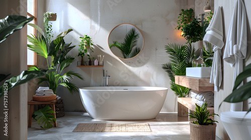 A warm  inviting bathroom with rustic wooden elements and a variety of lush plants adding life and color