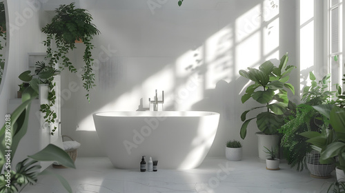 A serene bathroom setting with sunlight casting shadows across the room  emphasizing simplicity and peace