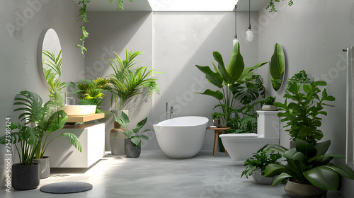 A contemporary bathroom full of vibrant plants creating a serene and spa-like experience in a home setting