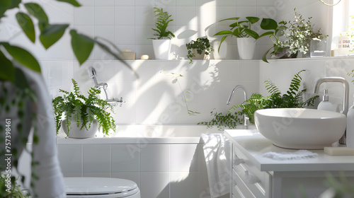 Sunlit bathroom featuring an array of green plants  white tiles  and a clean aesthetic promoting a sense of purity