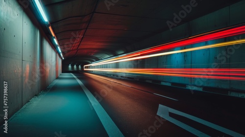 Light trails on the wall in an empty car tunnel at night