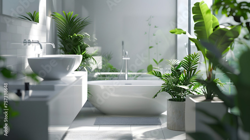 Morning light floods a luxurious bathroom  highlighting the detailed greenery and modern  clean design