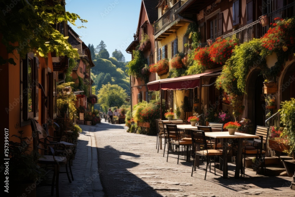 Cozy narrow street with tables and chairs lining the sidewalk
