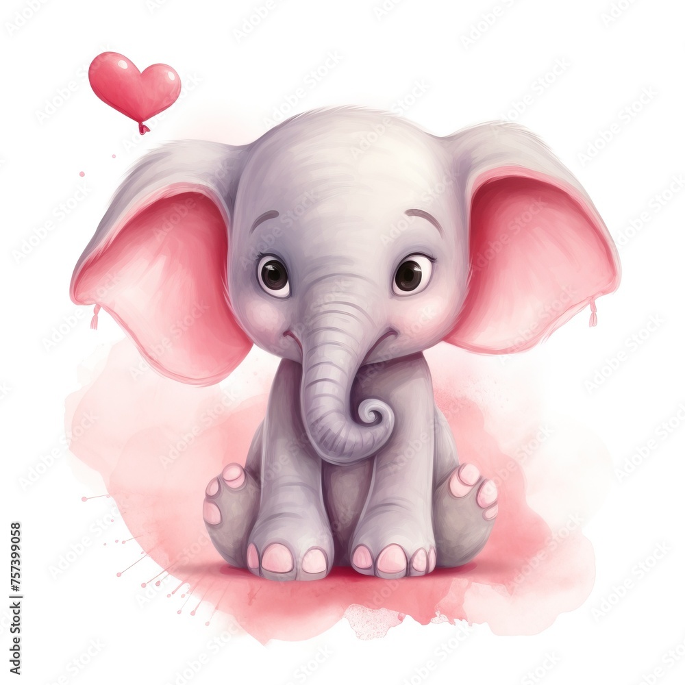 Watercolor cute baby elephant. Romantic character on a white background.