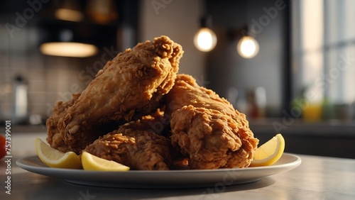 Fried chicken on a plate in a restaurant, delicious