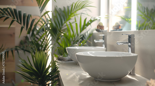 Elegant bathroom with natural light accentuating the sleek white sink and fresh green potted plants