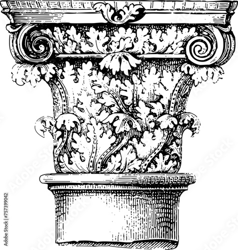 Capital of a medieval cathedral Corinthian column vector image, Branch wreath as the capital of column - gothic art