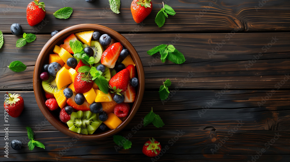 A bowl of healthy cut fruits on the wooden table top view