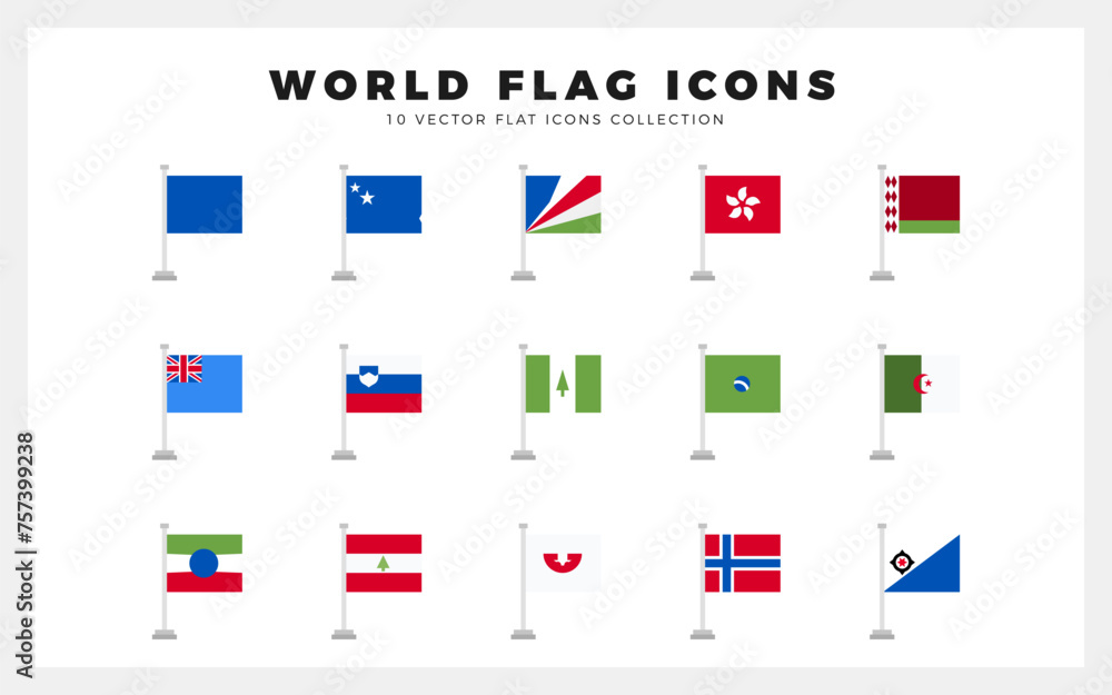 15 World Flags Pole. icons Pack. vector illustration. 15 World Flags Pole. icons Pack. vector illustration.