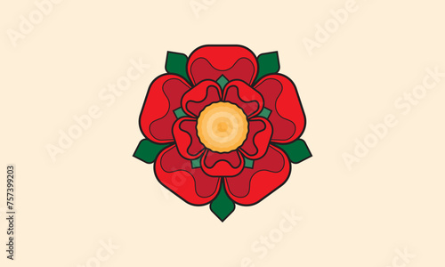 Foto Red Rose of Lancaster | Red Green Yellow Black Outline Flat Vector Illustration
