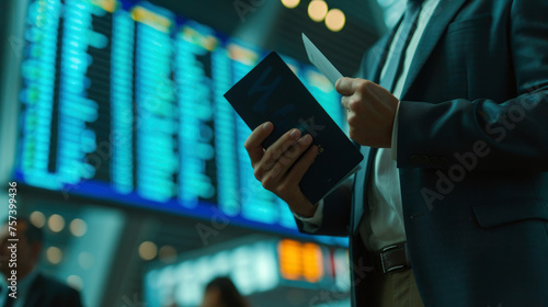 A man is standing in front of a large screen with a blue passport in his hand. He is wearing a suit and tie