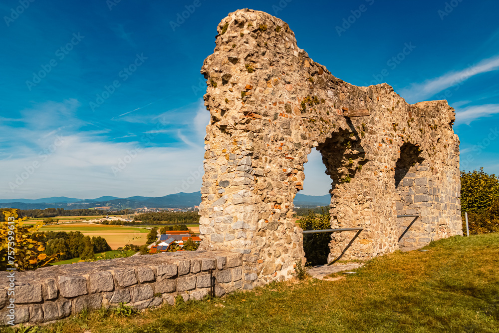 Autumn or indian summer view with ancient castle ruins near Winzer, Danube, Deggendorf, Bavaria, Germany
