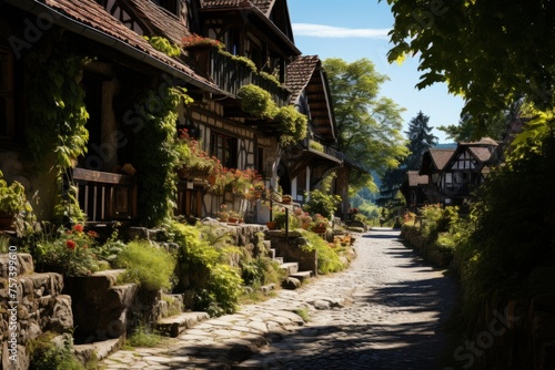 Houses on a cobblestone street, with trees and grass lining the road