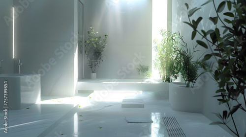 Crisp white bathroom flooded with natural light casting shadows of the indoor plants on the floor photo