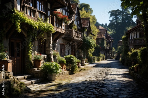 Treelined cobblestone street with houses and greenery on a sunny day