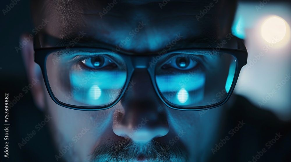 A man with glasses is staring at the camera. The image has a moody and mysterious feel to it A man with glasses is staring at the camera. The image has a moody and mysterious feel to it