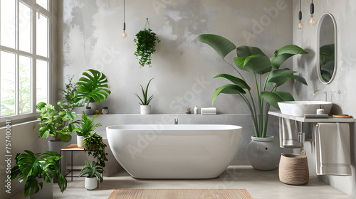 An elegant  modern bathroom filled with an abundance of potted green plants creating a fresh and vibrant atmosphere