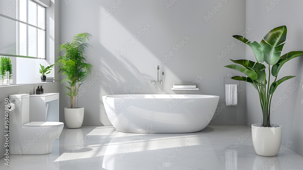 This modern bathroom boasts a sleek and spacious design with a freestanding bathtub, toilet, and large window This modern bathroom boasts a sleek and spacious design with a freestanding bathtub, toilet, and large window
