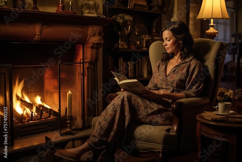 Beautiful young woman reading a book by the fireplace at home.