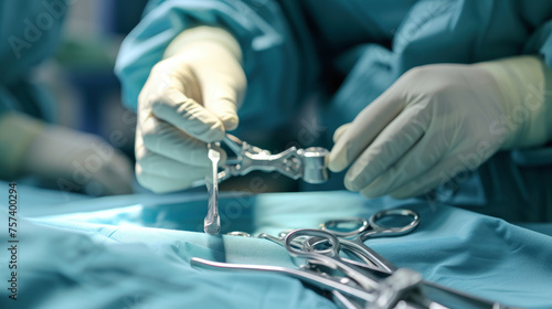 A surgeon is holding a pair of scissors and a pair of forceps. The scene is set in a hospital operating room