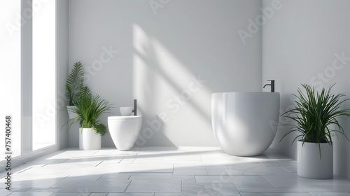 A modern bathroom featuring a freestanding bathtub and natural light casting shadows on a white floor