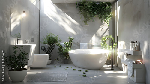 A luxurious  modern bathroom filled with various plants and natural light  creating a relaxing oasis
