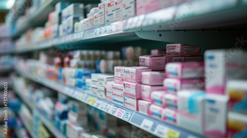 Wallpaper Mural Shelf in a pharmacy stocked with various medication boxes, with a focus on the packaging in the foreground and a blurred background Torontodigital.ca