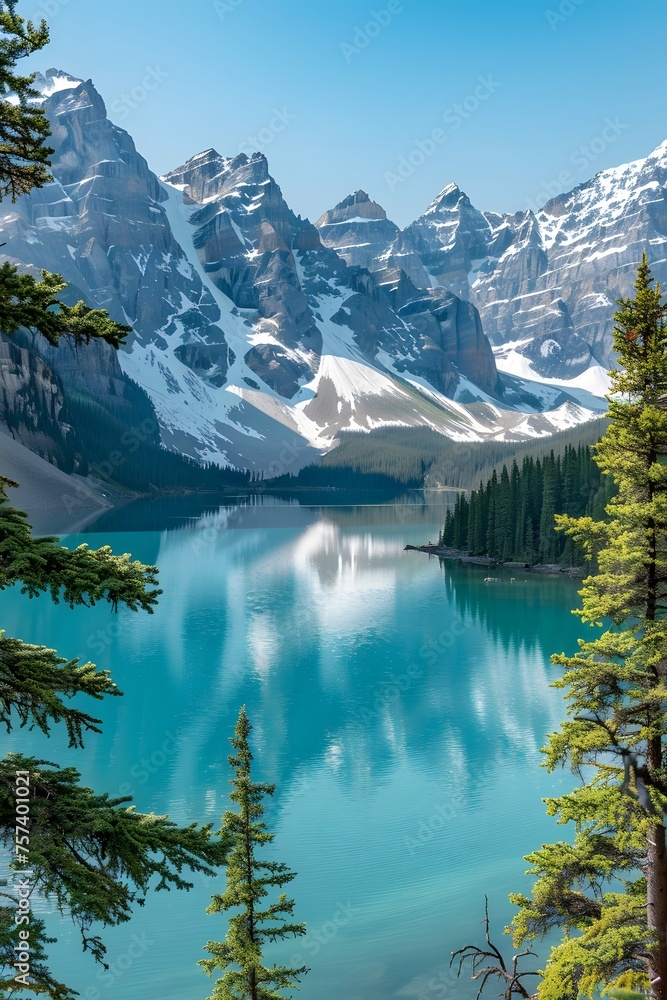 Turquoise Waters and Snowcapped Mountains at Lake Moraine, Banff, Canada: An Idyllic View Framed by Trees and Clear Blue Skies. Turquoise Waters and Snowcapped Mountains at Lake Moraine, Banff, Canada: An Idyllic View Framed by Trees and Clear Blue Skies.