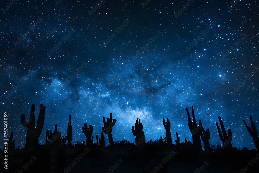 Fototapeta premium Starry Night over Joshua Tree: Desert Silhouettes under a Celestial Spectacle in California.