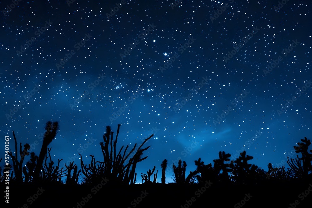 Starry Night Over Joshua Tree: A Mesmerizing View of the Galaxy with Cacti Silhouettes and a Distant Glow.